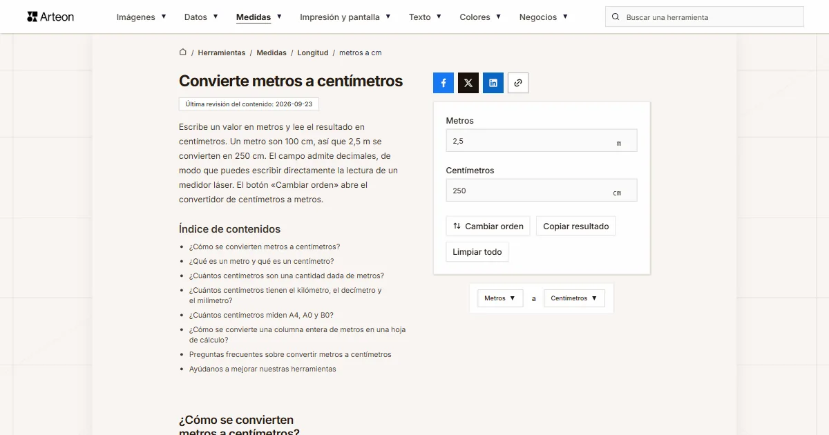 Captura de pantalla de la herramienta gratuita de Arteon: Convierte metros a centímetros