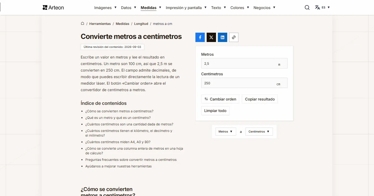 Captura de pantalla de la herramienta gratuita de Arteon: Convierte metros a centímetros