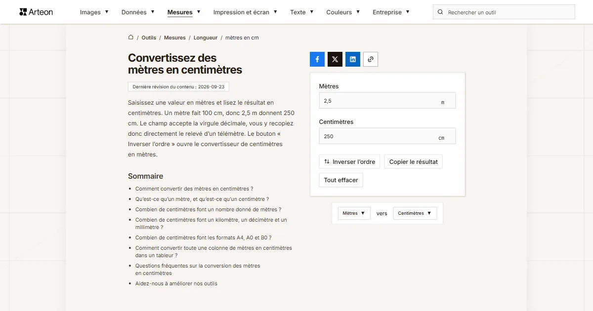 Capture d'écran de l'outil gratuit d'Arteon: Convertissez des mètres en centimètres