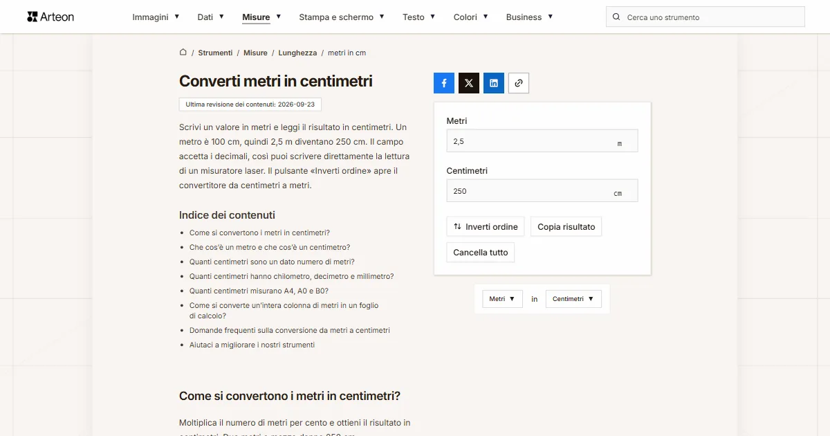 Screenshot dello strumento gratuito Arteon: Converti metri in centimetri