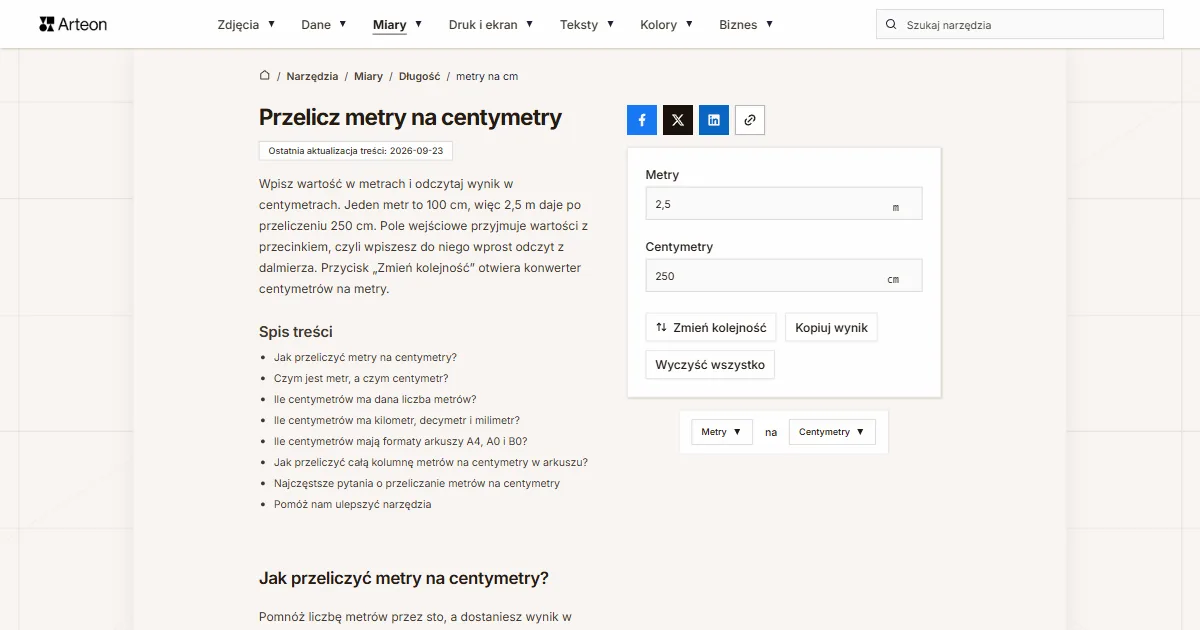 Zrzut ekranu darmowego narzędzia Arteon: Przelicz metry na centymetry