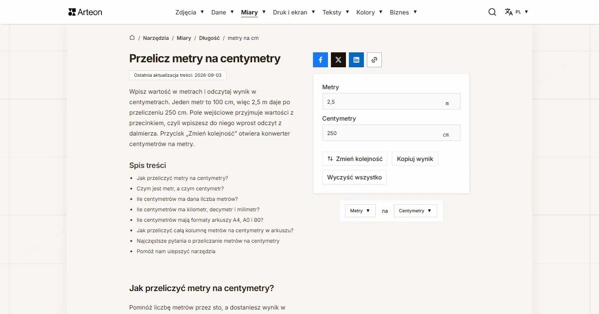 Zrzut ekranu darmowego narzędzia Arteon: Przelicz metry na centymetry