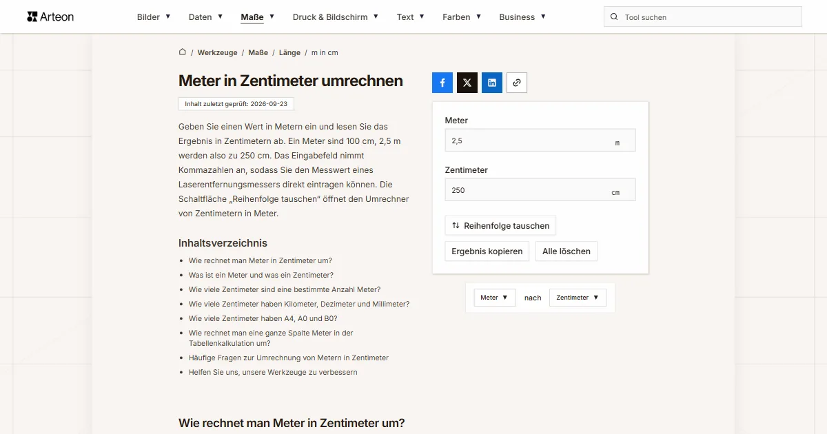 Screenshot des kostenlosen Arteon-Werkzeugs: Meter in Zentimeter umrechnen
