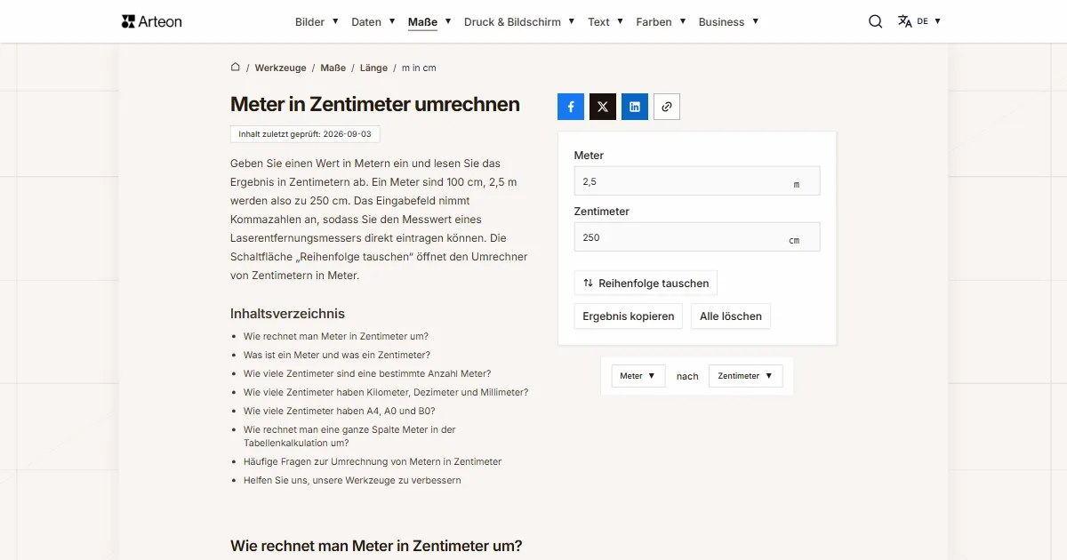 Screenshot des kostenlosen Arteon-Werkzeugs: Meter in Zentimeter umrechnen