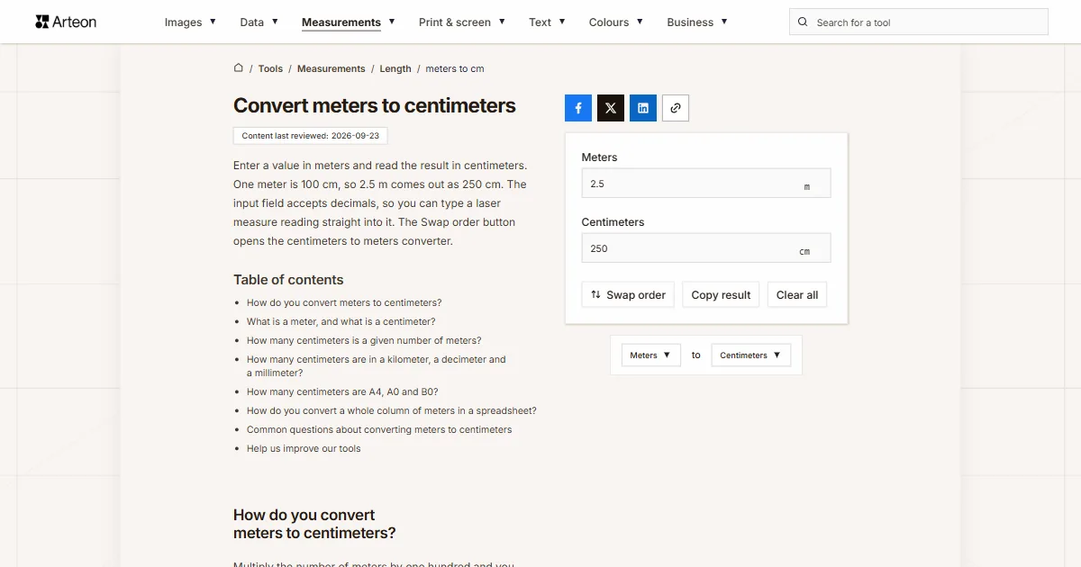 Arteon free tool screenshot: Convert meters to centimeters