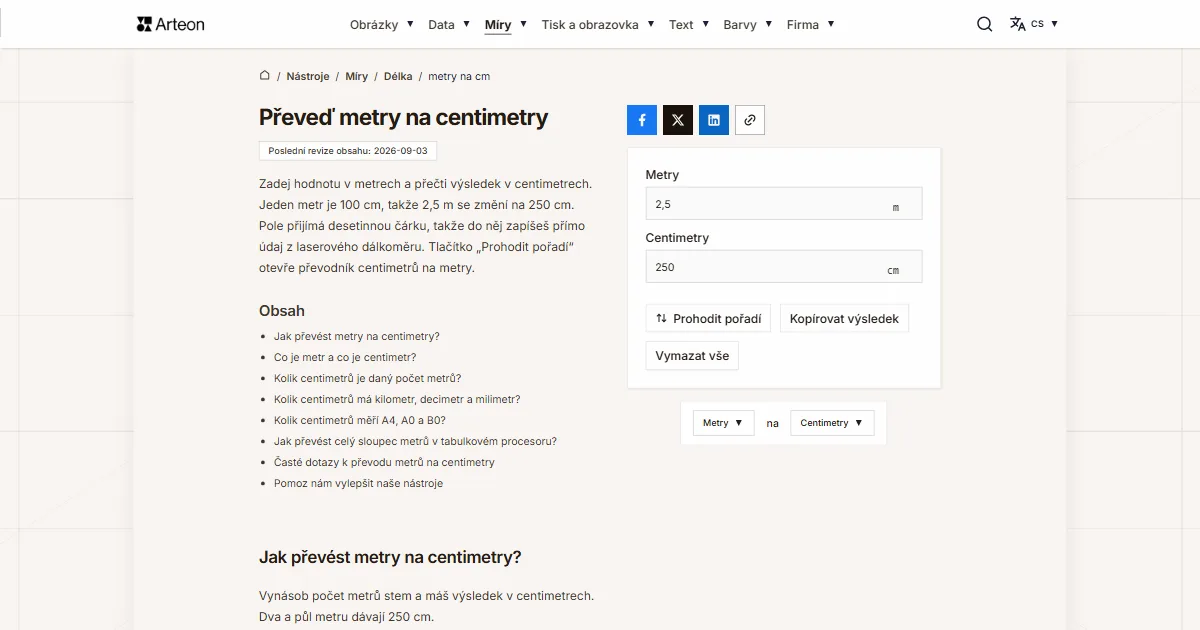 Snímek obrazovky bezplatného nástroje Arteon: Převeď metry na centimetry