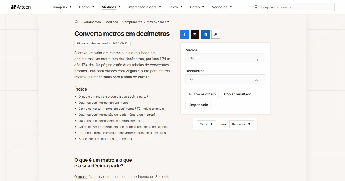 Captura de ecrã da ferramenta gratuita da Arteon: Converta metros em decímetros