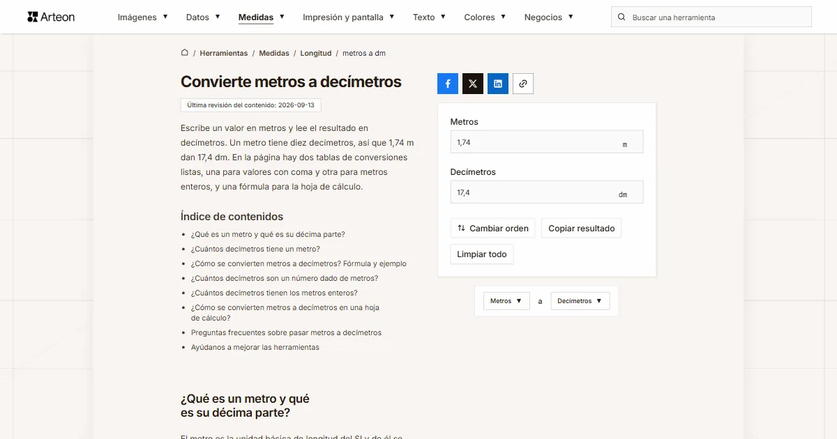 Captura de pantalla de la herramienta gratuita de Arteon: Convierte metros a decímetros
