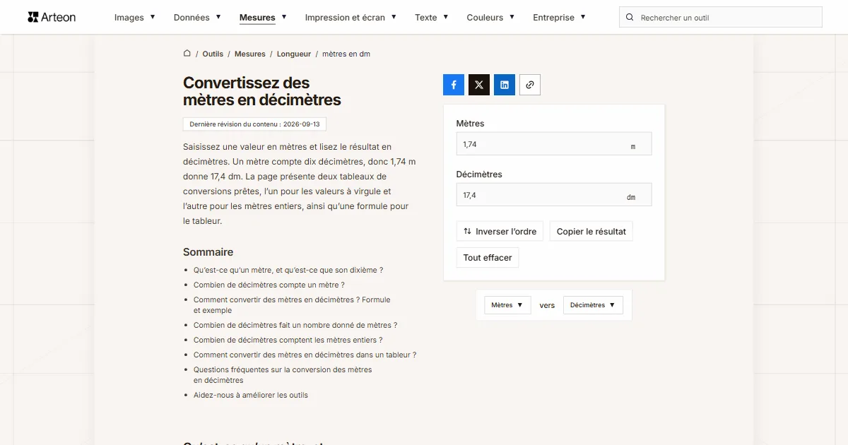 Capture d'écran de l'outil gratuit d'Arteon: Convertissez des mètres en décimètres