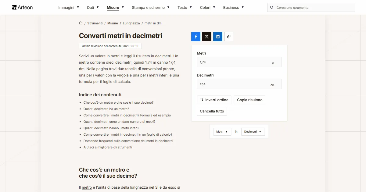 Screenshot dello strumento gratuito Arteon: Converti metri in decimetri