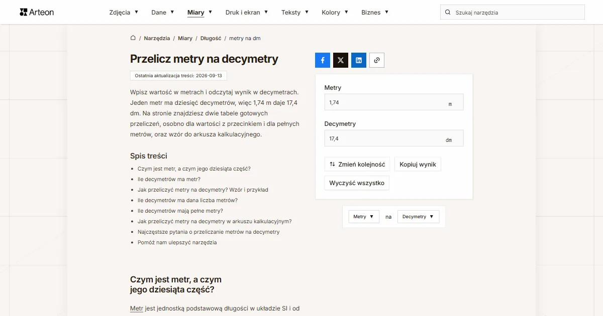 Zrzut ekranu darmowego narzędzia Arteon: Przelicz metry na decymetry