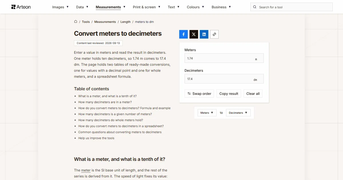 Arteon free tool screenshot: Convert meters to decimeters