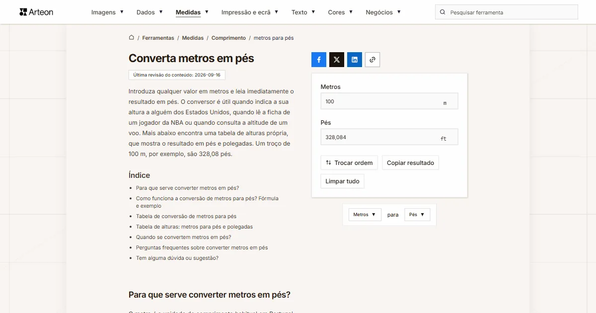 Captura de ecrã da ferramenta gratuita da Arteon: Converta metros em pés