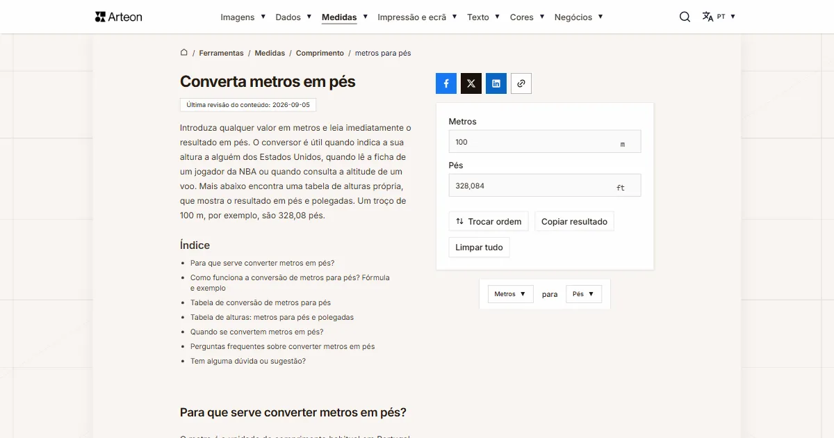 Captura de ecrã da ferramenta gratuita da Arteon: Converta metros em pés