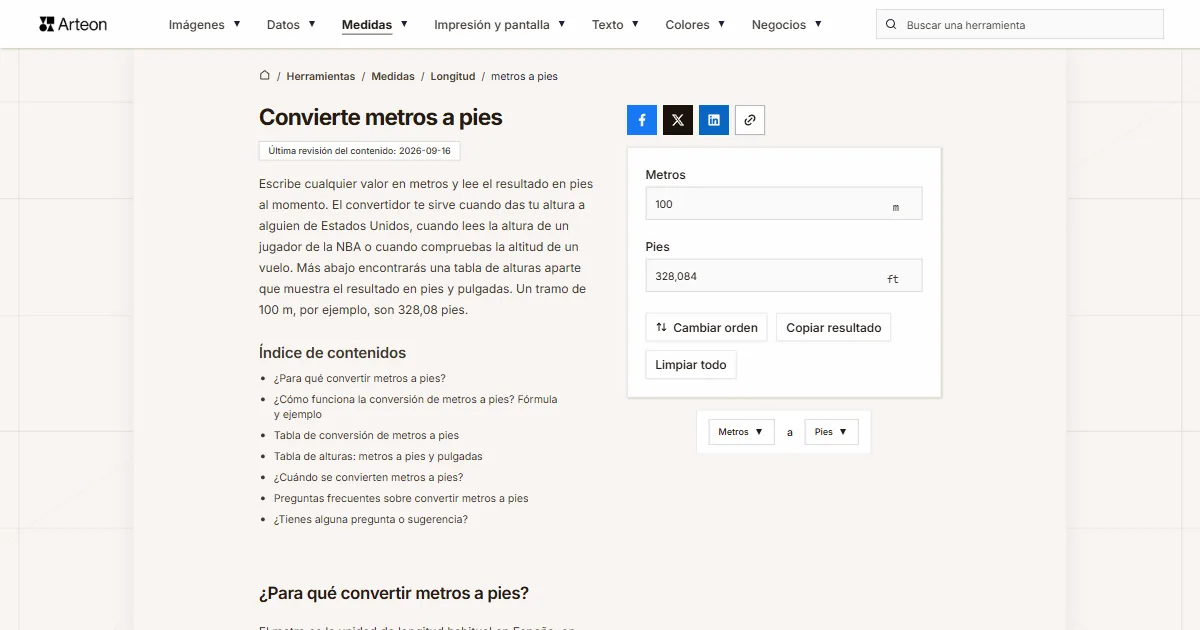 Captura de pantalla de la herramienta gratuita de Arteon: Convierte metros a pies