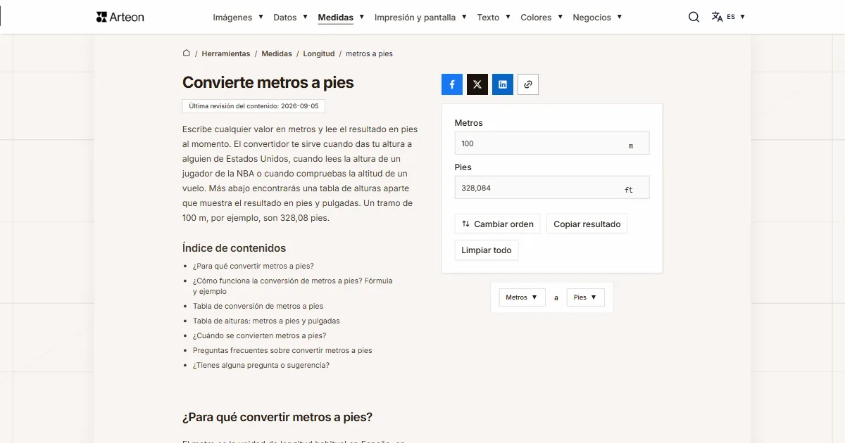 Captura de pantalla de la herramienta gratuita de Arteon: Convierte metros a pies