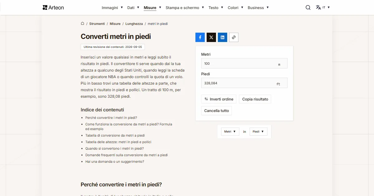 Screenshot dello strumento gratuito Arteon: Converti metri in piedi