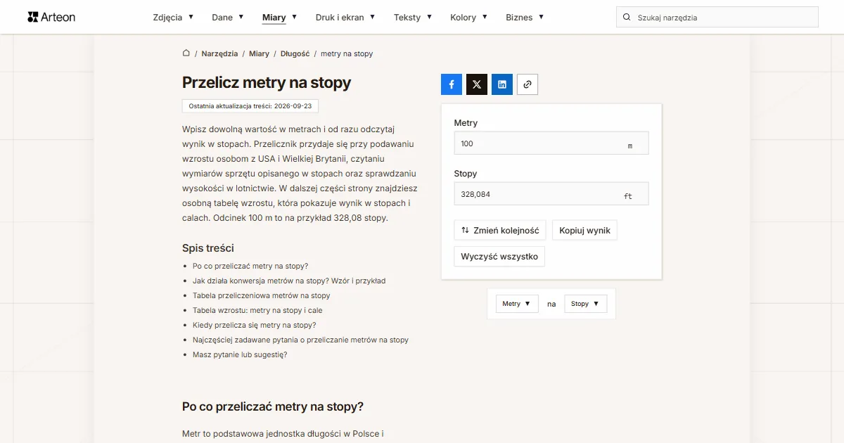 Zrzut ekranu darmowego narzędzia Arteon: Przelicz metry na stopy