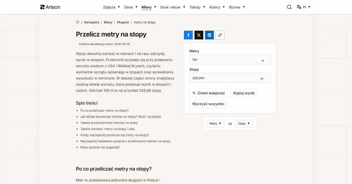 Zrzut ekranu darmowego narzędzia Arteon: Przelicz metry na stopy