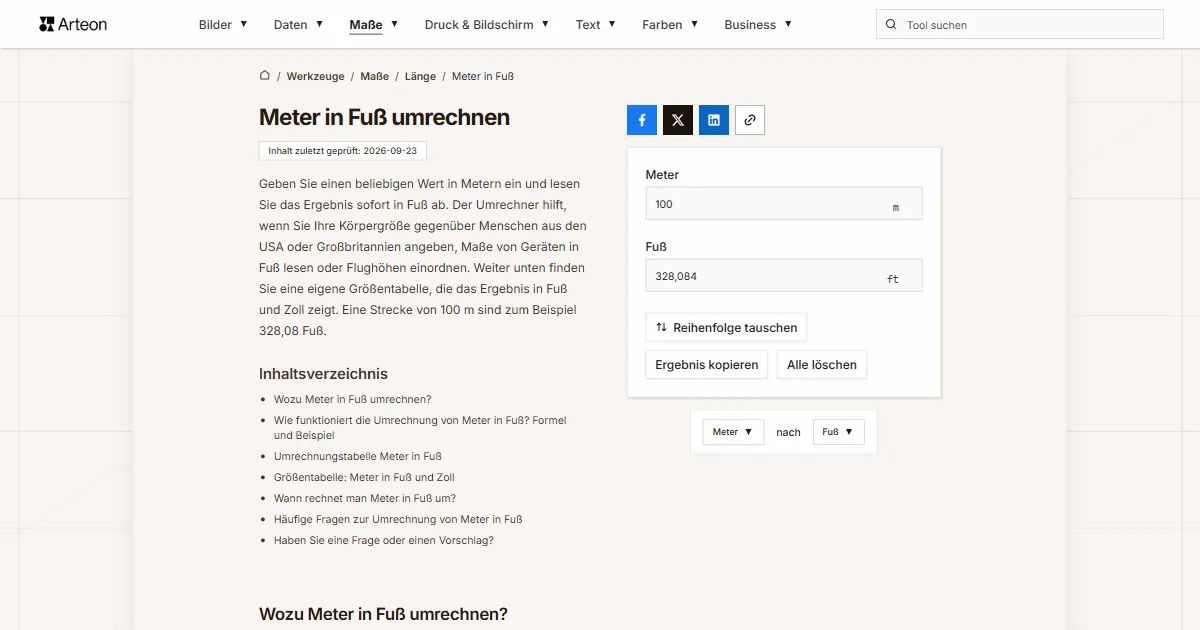 Screenshot des kostenlosen Arteon-Werkzeugs: Meter in Fuß umrechnen
