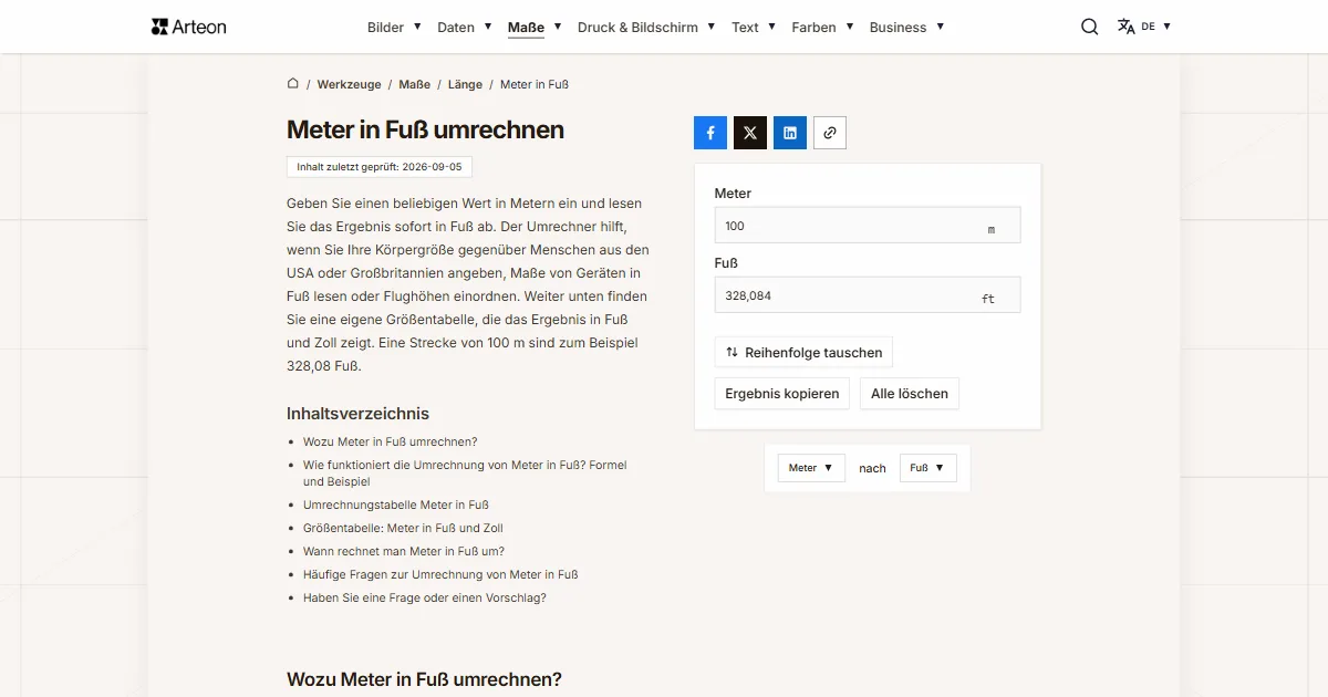 Screenshot des kostenlosen Arteon-Werkzeugs: Meter in Fuß umrechnen