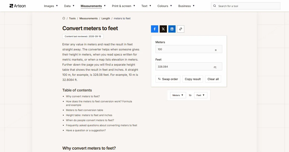 Arteon free tool screenshot: Convert meters to feet