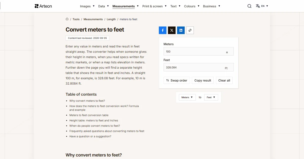 Arteon free tool screenshot: Convert meters to feet