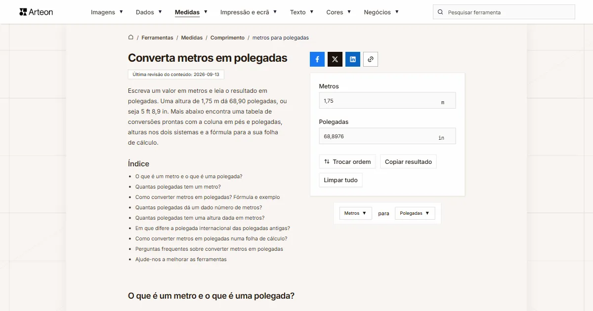 Captura de ecrã da ferramenta gratuita da Arteon: Converta metros em polegadas