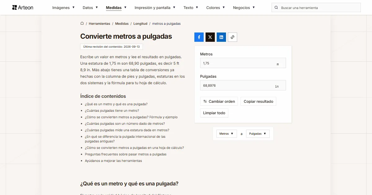 Captura de pantalla de la herramienta gratuita de Arteon: Convierte metros a pulgadas