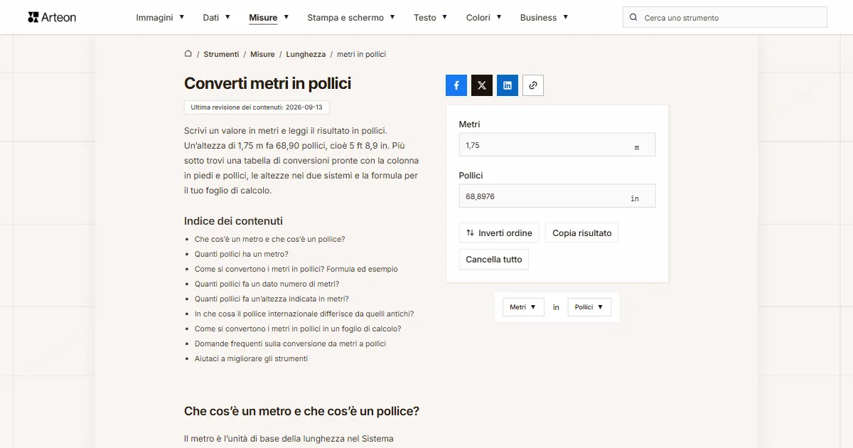 Screenshot dello strumento gratuito Arteon: Converti metri in pollici