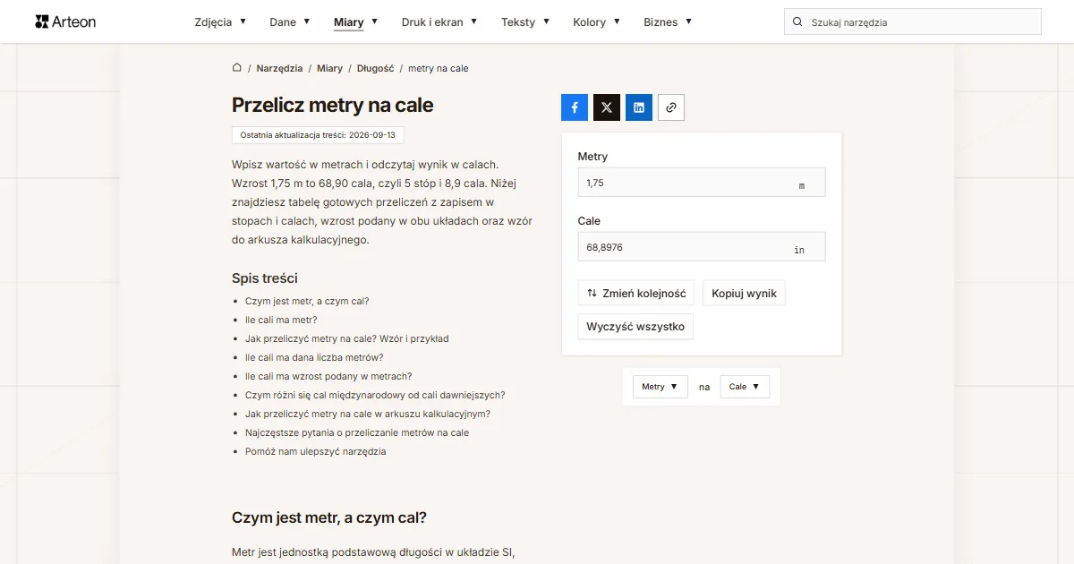 Zrzut ekranu darmowego narzędzia Arteon: Przelicz metry na cale
