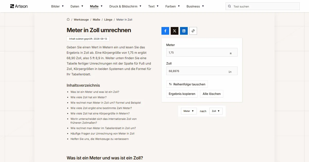 Screenshot des kostenlosen Arteon-Werkzeugs: Meter in Zoll umrechnen