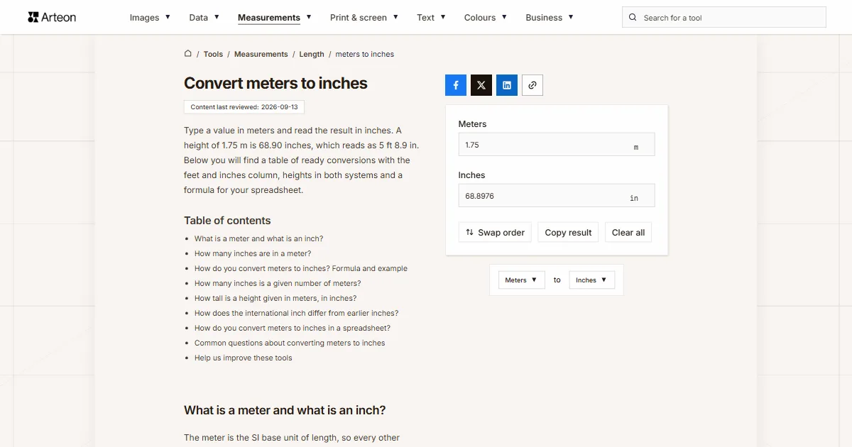 Arteon free tool screenshot: Convert meters to inches