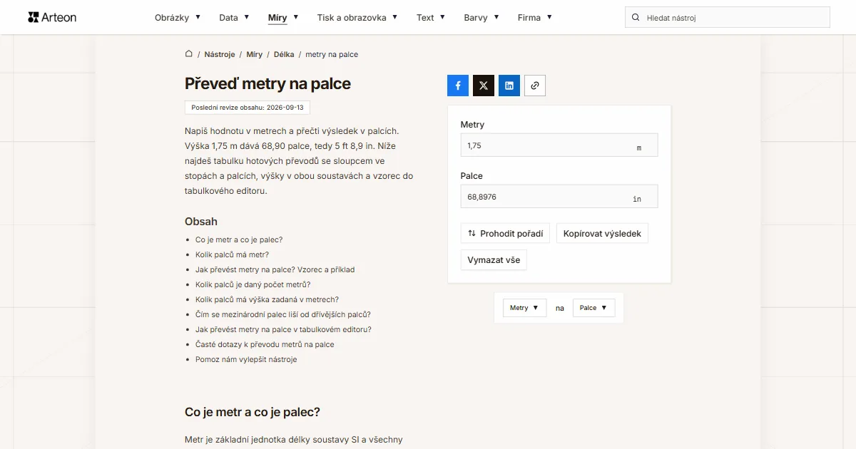 Snímek obrazovky bezplatného nástroje Arteon: Převeď metry na palce