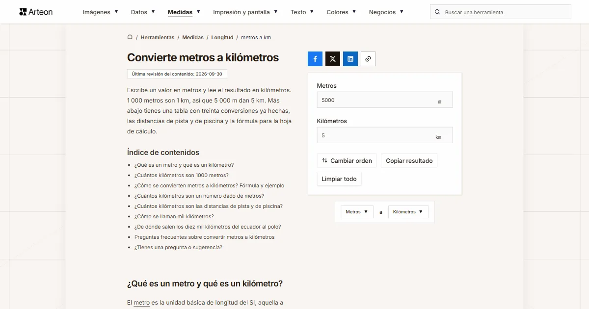 Captura de pantalla de la herramienta gratuita de Arteon: Convierte metros a kilómetros