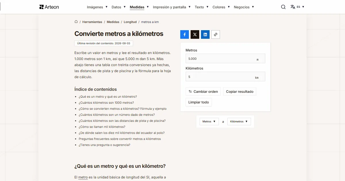 Captura de pantalla de la herramienta gratuita de Arteon: Convierte metros a kilómetros