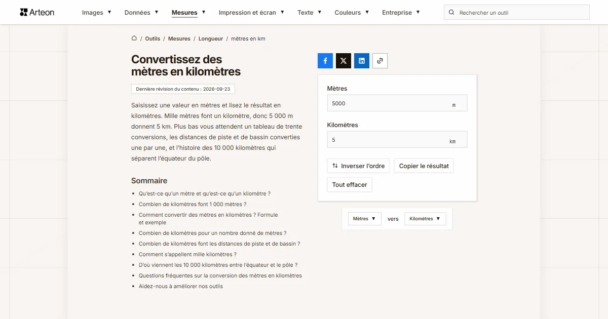 Capture d'écran de l'outil gratuit d'Arteon: Convertissez des mètres en kilomètres