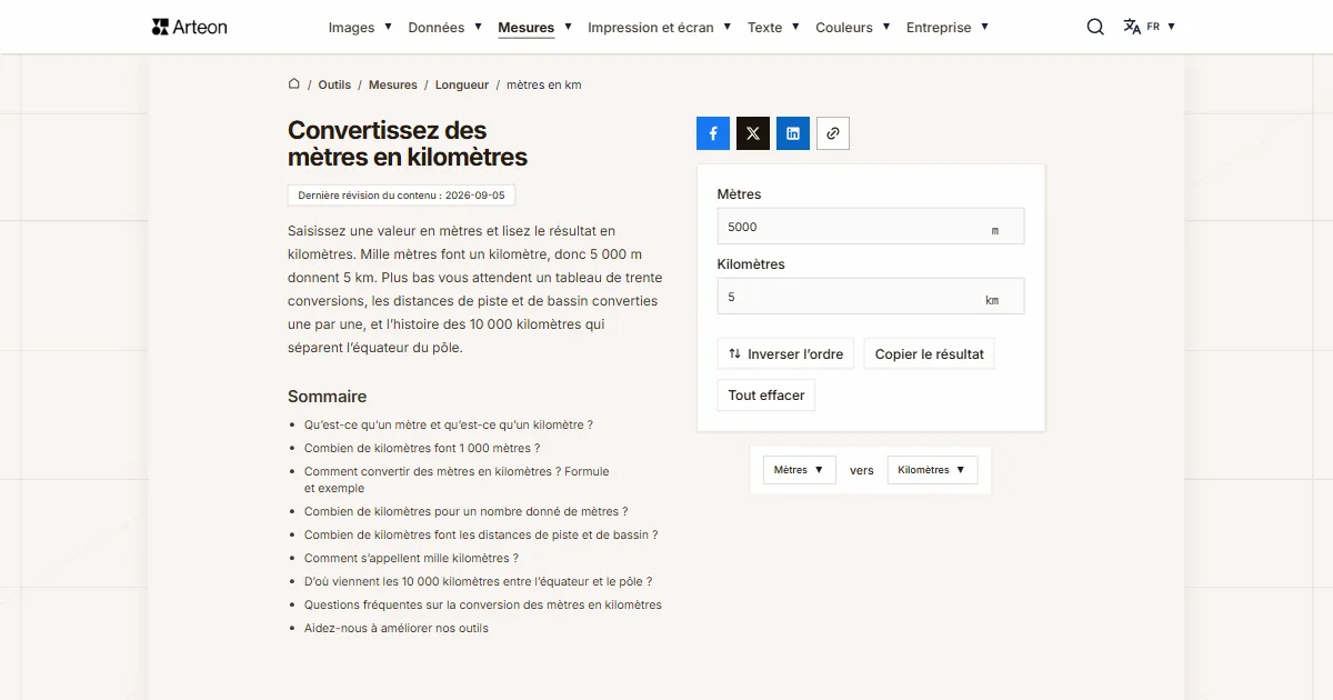 Capture d'écran de l'outil gratuit d'Arteon: Convertissez des mètres en kilomètres