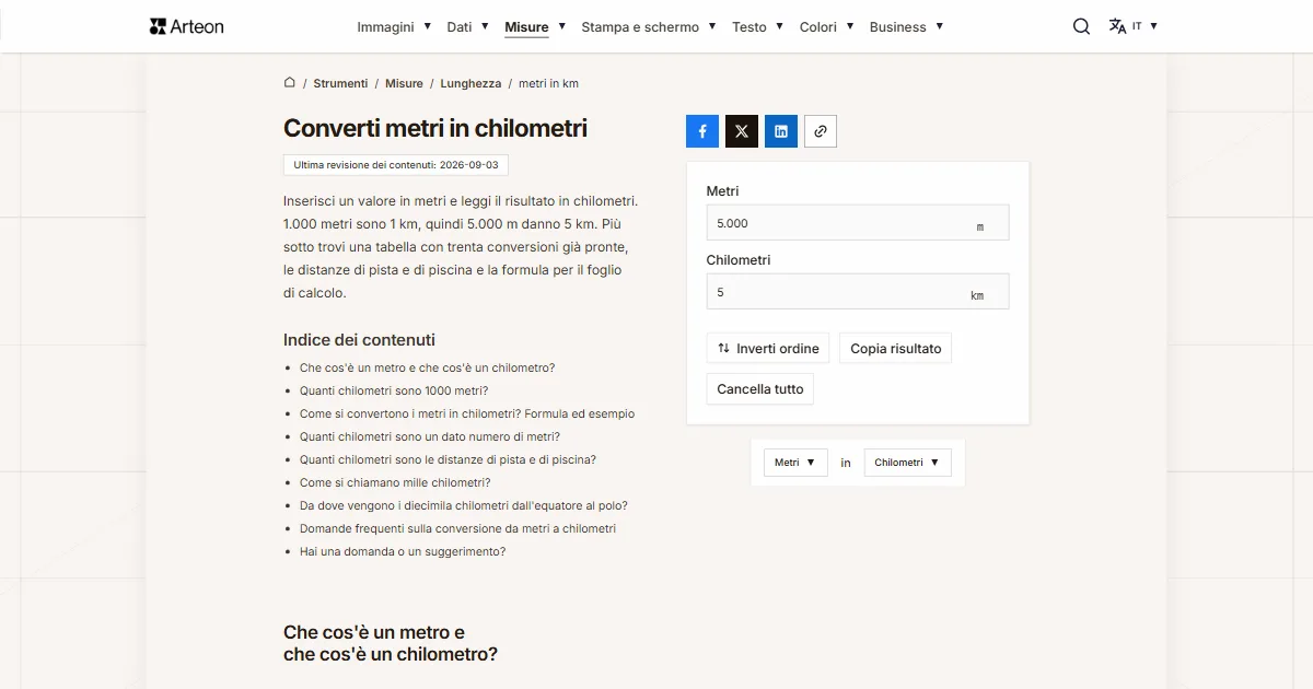 Screenshot dello strumento gratuito Arteon: Converti metri in chilometri