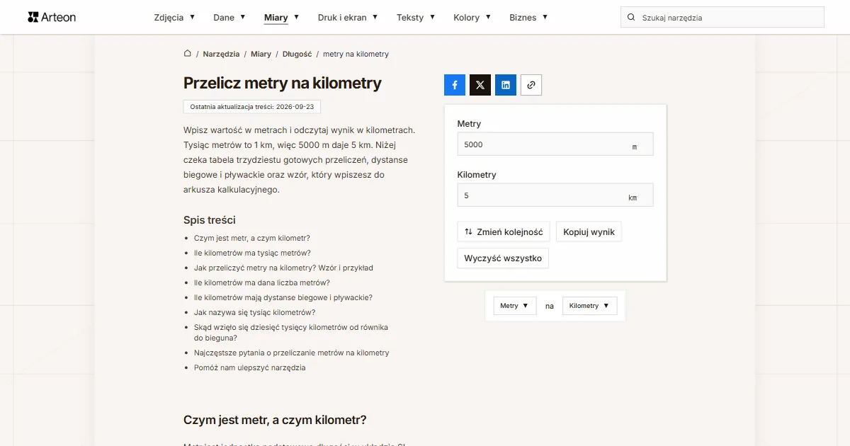 Zrzut ekranu darmowego narzędzia Arteon: Przelicz metry na kilometry