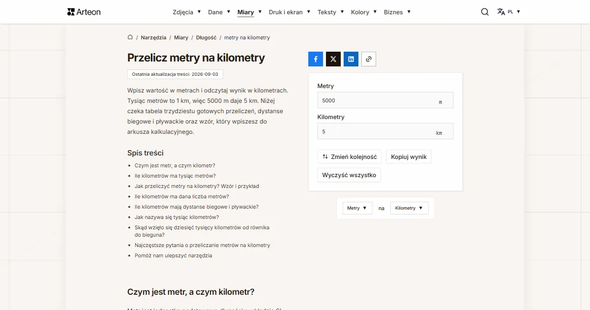 Zrzut ekranu darmowego narzędzia Arteon: Przelicz metry na kilometry