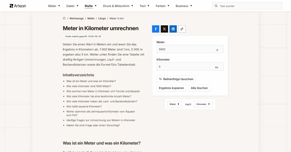 Screenshot des kostenlosen Arteon-Werkzeugs: Meter in Kilometer umrechnen