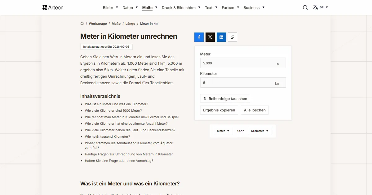 Screenshot des kostenlosen Arteon-Werkzeugs: Meter in Kilometer umrechnen