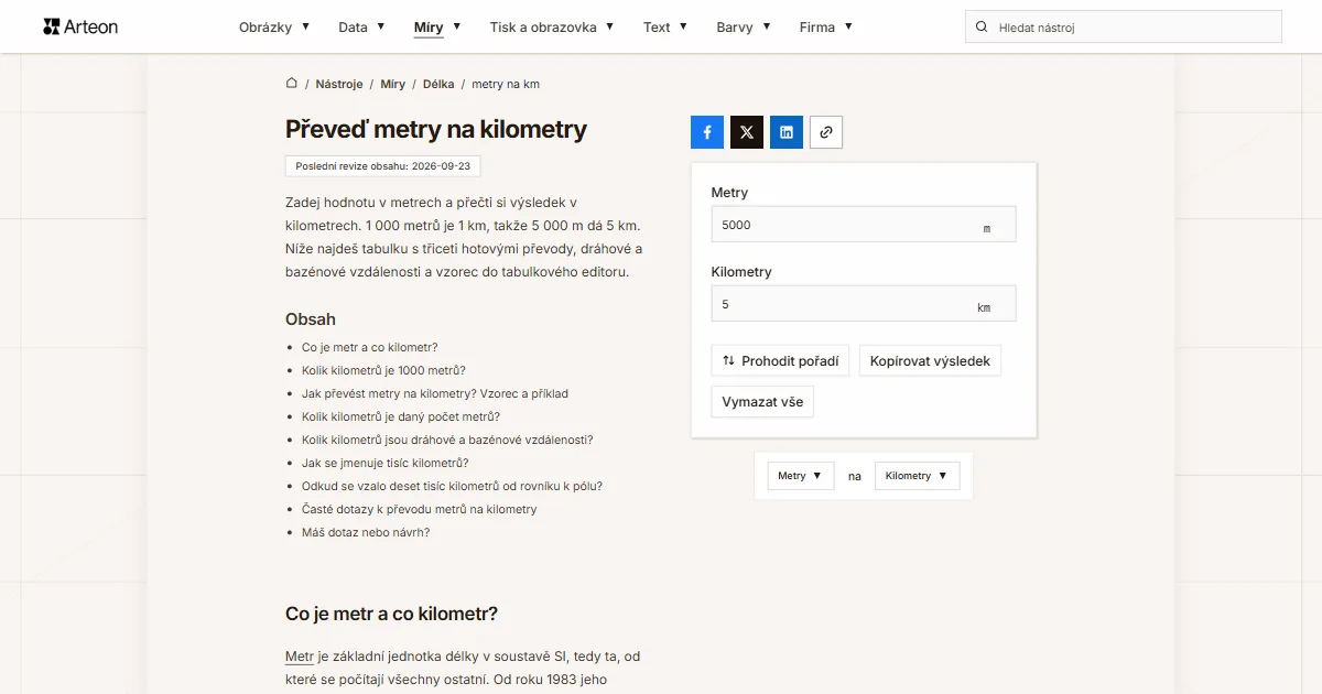 Snímek obrazovky bezplatného nástroje Arteon: Převeď metry na kilometry
