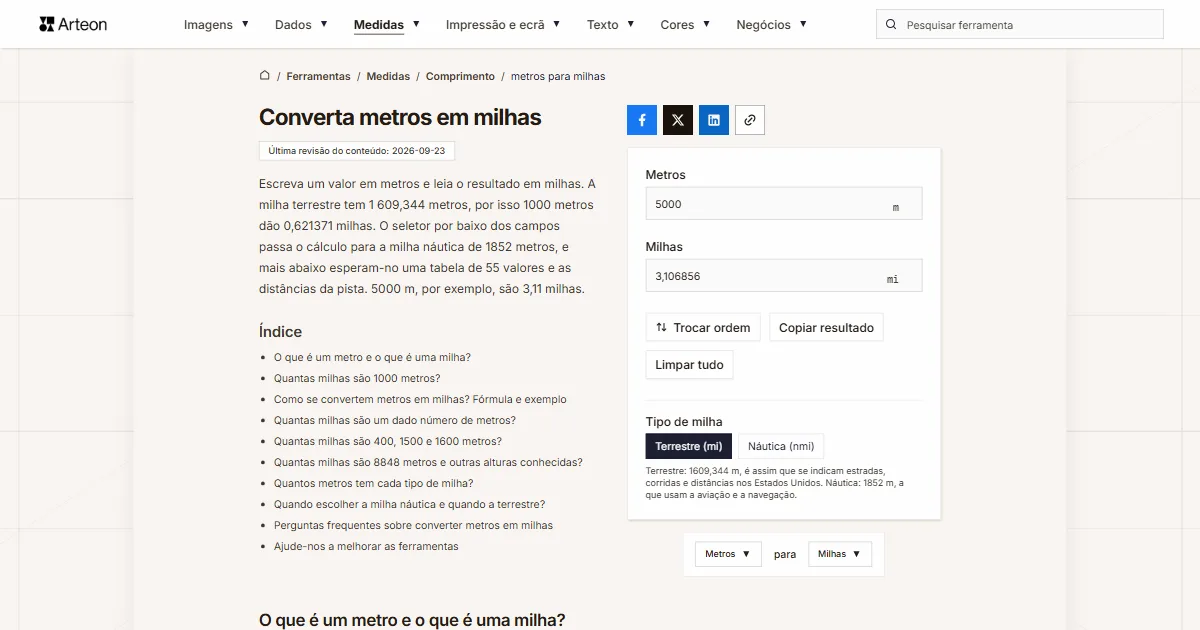 Captura de ecrã da ferramenta gratuita da Arteon: Converta metros em milhas