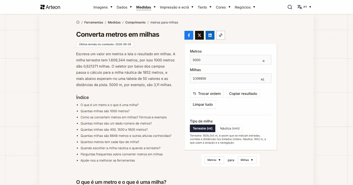 Captura de ecrã da ferramenta gratuita da Arteon: Converta metros em milhas