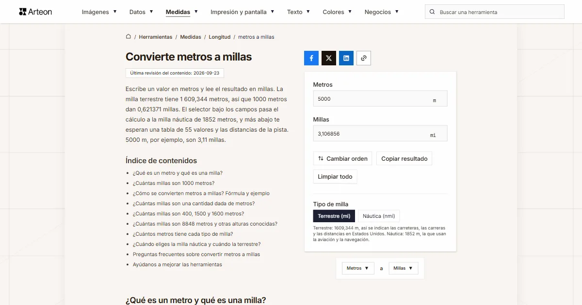 Captura de pantalla de la herramienta gratuita de Arteon: Convierte metros a millas