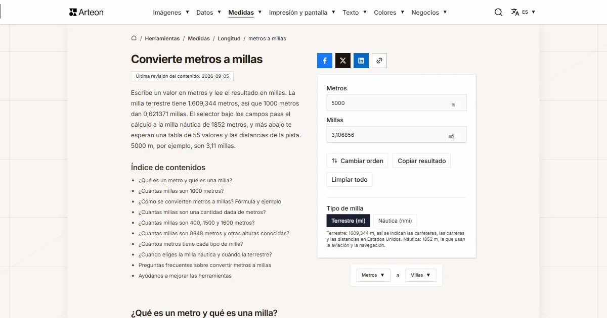 Captura de pantalla de la herramienta gratuita de Arteon: Convierte metros a millas