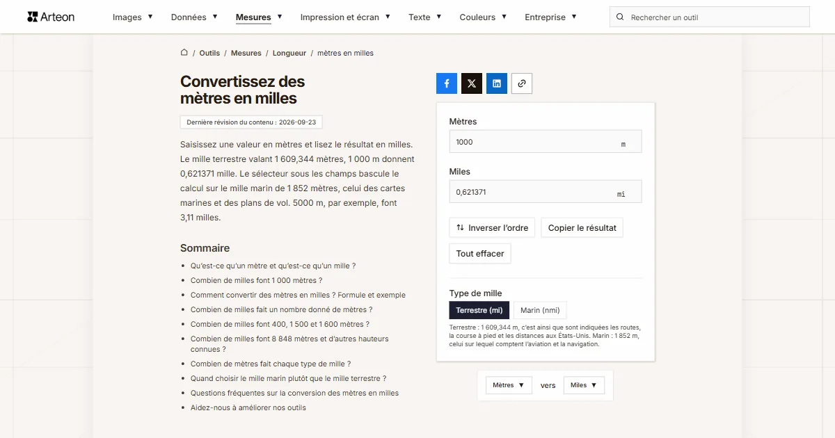 Capture d'écran de l'outil gratuit d'Arteon: Convertissez des mètres en milles