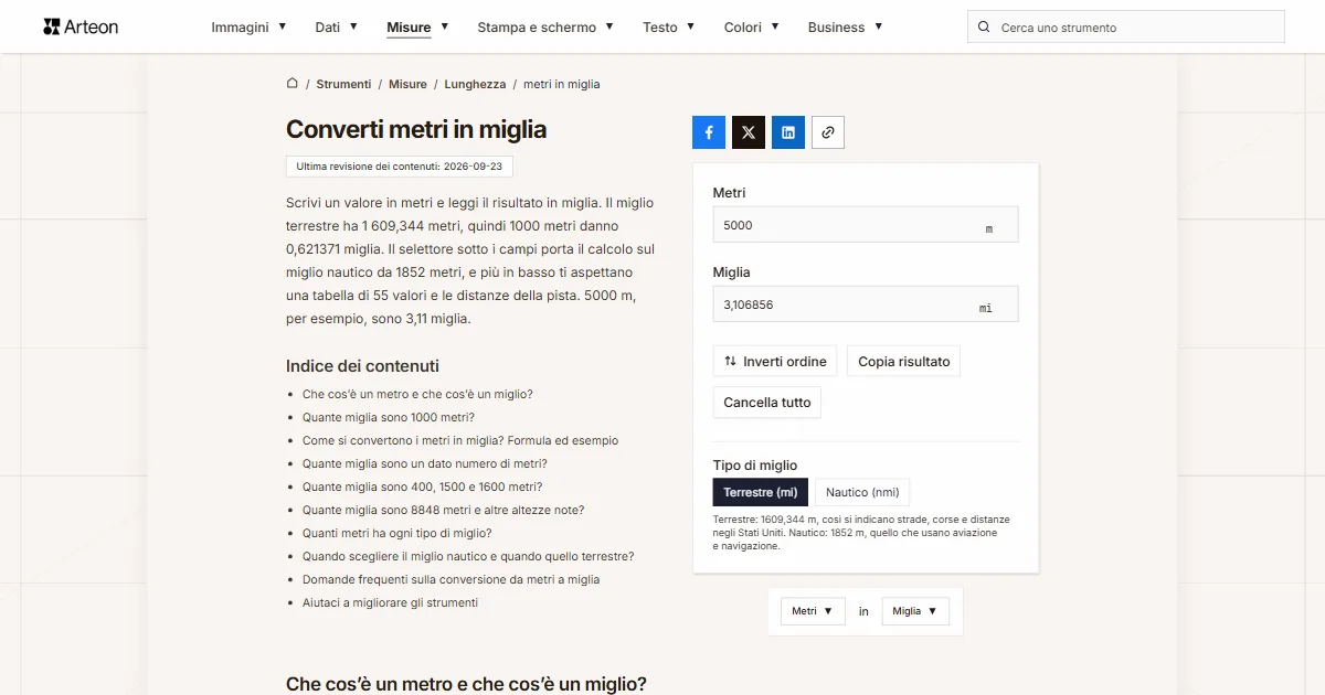 Screenshot dello strumento gratuito Arteon: Converti metri in miglia